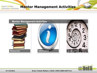 Mentor Management Activities



       Mentor Management Activities




     Resources                Information                        Time




6-7.10.2011            Every Trainee Matters | 2010-1-ROI-LE004-0677111
 