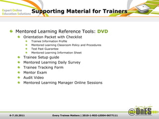 Supporting Material for Trainers


    Mentored Learning Reference Tools: DVD
          Orientation Packet with Checklist
              Trainee Information Profile
              Mentored Learning Classroom Policy and Procedures
              Test Past Guarantee
              Mentored Learning Information Sheet
          Trainee Setup guide
          Mentored Learning Daily Survey
          Trainee Tracking Form
          Mentor Exam
          Audit Video
          Mentored Learning Manager Online Sessions




6-7.10.2011                 Every Trainee Matters | 2010-1-ROI-LE004-0677111
 