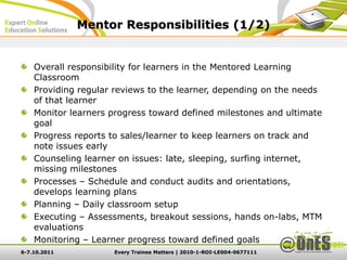 Mentor Responsibilities (1/2)


    Overall responsibility for learners in the Mentored Learning
    Classroom
    Providing regular reviews to the learner, depending on the needs
    of that learner
    Monitor learners progress toward defined milestones and ultimate
    goal
    Progress reports to sales/learner to keep learners on track and
    note issues early
    Counseling learner on issues: late, sleeping, surfing internet,
    missing milestones
    Processes – Schedule and conduct audits and orientations,
    develops learning plans
    Planning – Daily classroom setup
    Executing – Assessments, breakout sessions, hands on-labs, MTM
    evaluations
    Monitoring – Learner progress toward defined goals
6-7.10.2011          Every Trainee Matters | 2010-1-ROI-LE004-0677111
 