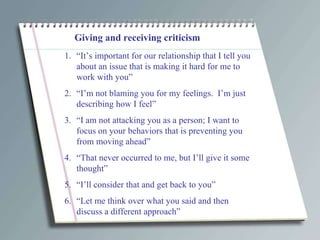 Giving and receiving criticism “ It’s important for our relationship that I tell you about an issue that is making it hard for me to work with you” “ I’m not blaming you for my feelings.  I’m just describing how I feel” “ I am not attacking you as a person; I want to focus on your behaviors that is preventing you from moving ahead” “ That never occurred to me, but I’ll give it some thought” “ I’ll consider that and get back to you” “ Let me think over what you said and then discuss a different approach” 
