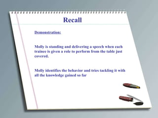 Recall Demonstration: Molly is standing and delivering a speech when each trainee is given a role to perform from the table just covered. Molly identifies the behavior and tries tackling it with all the knowledge gained so far 