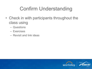 Confirm Understanding
• Check in with participants throughout the
class using
– Questions
– Exercises
– Revisit and link ideas
 