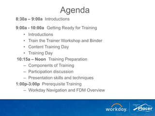 Agenda
8:30a – 9:00a Introductions
9:00a - 10:00a Getting Ready for Training
• Introductions
• Train the Trainer Workshop and Binder
• Content Training Day
• Training Day
10:15a – Noon Training Preparation
– Components of Training
– Participation discussion
– Presentation skills and techniques
1:00p-3:00p Prerequisite Training
– Workday Navigation and FDM Overview
 
