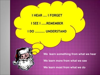 I HEAR …. I FORGET
I SEE I ……REMEMBER
I DO ……….. UNDERSTAND
We learn something from what we hear
We learn more from what we see
We learn most from what we do
 