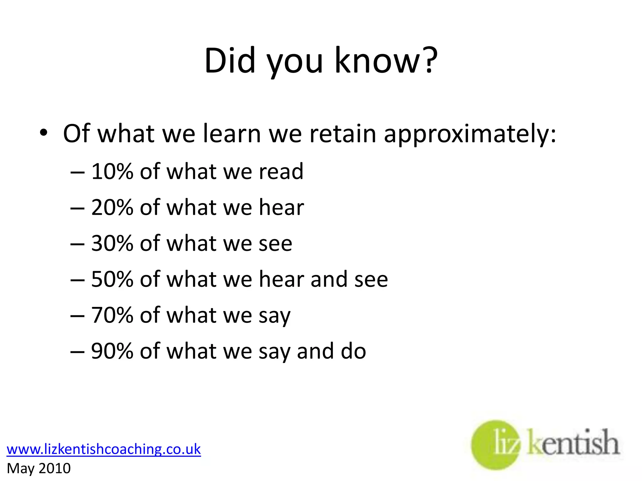 Did you know?Of what we learn we retain approximately:10% of what we read20% of what we hear30% of what we see50% of what we hear and see70% of what we say90% of what we say and do