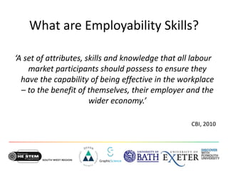 What are Employability Skills?
‘A set of attributes, skills and knowledge that all labour
market participants should possess to ensure they
have the capability of being effective in the workplace
– to the benefit of themselves, their employer and the
wider economy.’
CBI, 2010
 