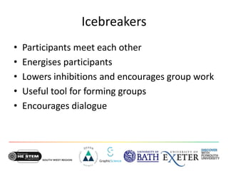 Icebreakers
• Participants meet each other
• Energises participants
• Lowers inhibitions and encourages group work
• Useful tool for forming groups
• Encourages dialogue
 
