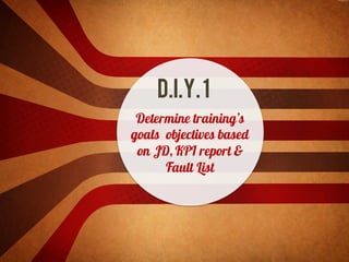 D.I.Y.1
Determine training’s
goals objectives based
on JD, KPI report &
Fault List
 
