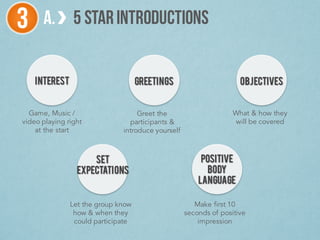 INTEREST
A. 5 STARINTRODUCTIONS3
GREETINGS OBJECTIVES
SET
EXPECTATIONS
POSITIVE
BODY
LANGUAGE
Game, Music /
video playing right
at the start
Greet the
participants &
introduce yourself
What & how they
will be covered
Let the group know
how & when they
could participate
Make first 10
seconds of positive
impression
 