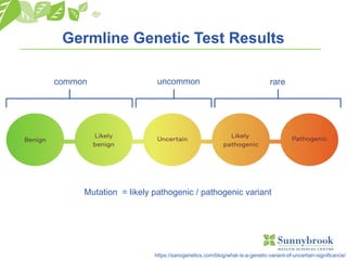 Germline Genetic Test Results
https://sanogenetics.com/blog/what-is-a-genetic-variant-of-uncertain-significance/
common uncommon rare
Mutation = likely pathogenic / pathogenic variant
 