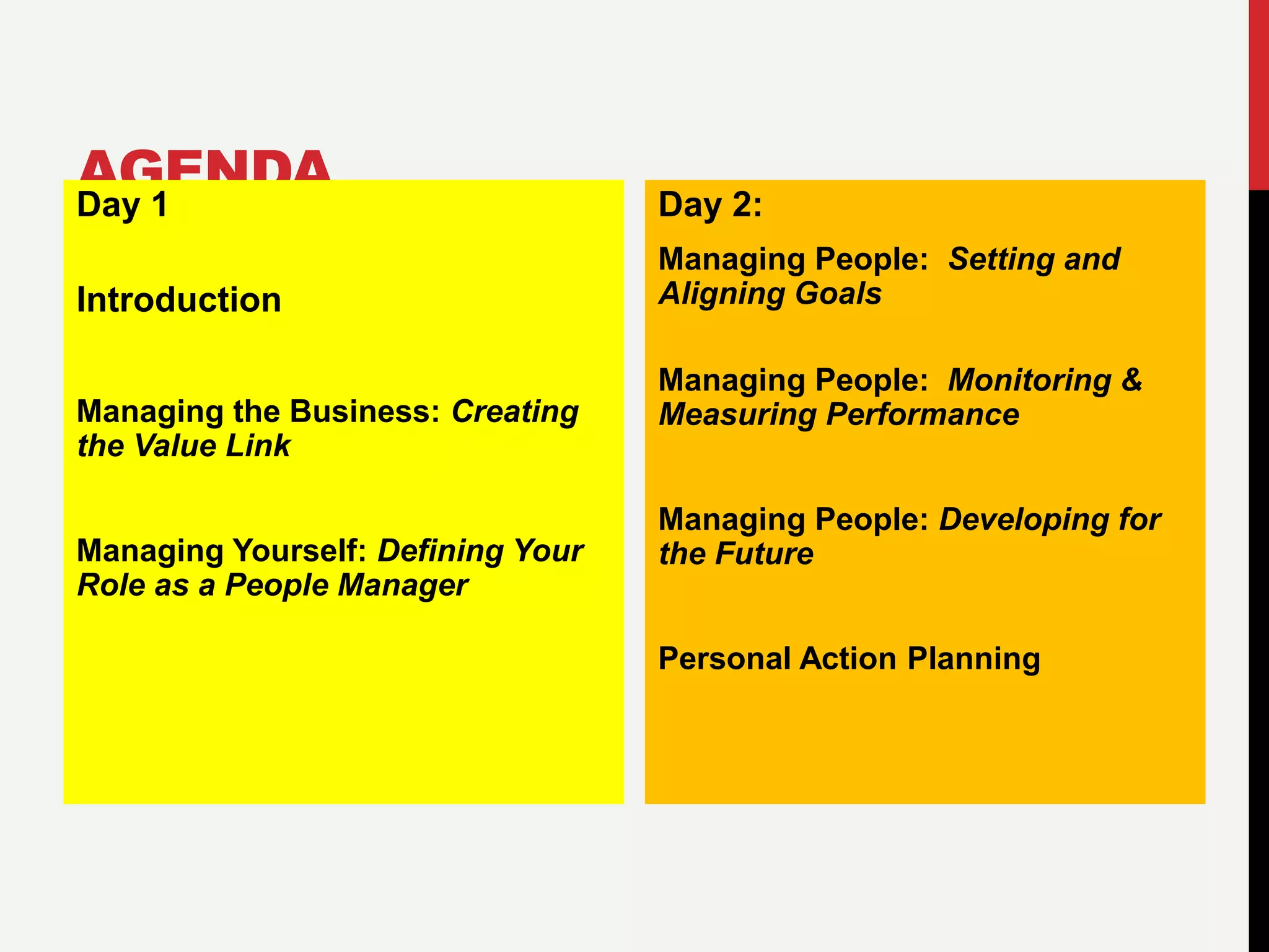 AGENDADay 1
Introduction
Managing the Business: Creating
the Value Link
Managing Yourself: Defining Your
Role as a People Manager
Day 2:
Managing People: Setting and
Aligning Goals
Managing People: Monitoring &
Measuring Performance
Managing People: Developing for
the Future
Personal Action Planning
 