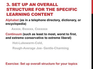 3. SET UP AN OVERALL
STRUCTURE FOR THE SPECIFIC
LEARNING CONTENT
Alphabet (as in a telephone directory, dictionary, or
encyclopedia)
Axxxx, Bxxxxx, Cxxxxxx
Continuum (such as least to most, worst to first,
and extreme conservative to extreme liberal)
Hot-Lukewarm-Cold,
Rough-Average Joe- Gentle-Charming
Exercise: Set up overall structure for your topics
 