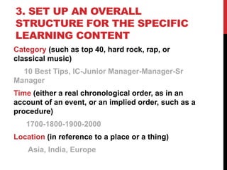 3. SET UP AN OVERALL
STRUCTURE FOR THE SPECIFIC
LEARNING CONTENT
Category (such as top 40, hard rock, rap, or
classical music)
10 Best Tips, IC-Junior Manager-Manager-Sr
Manager
Time (either a real chronological order, as in an
account of an event, or an implied order, such as a
procedure)
1700-1800-1900-2000
Location (in reference to a place or a thing)
Asia, India, Europe
 