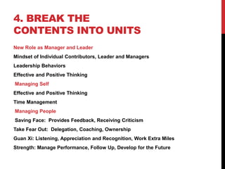 4. BREAK THE
CONTENTS INTO UNITS
New Role as Manager and Leader
Mindset of Individual Contributors, Leader and Managers
Leadership Behaviors
Effective and Positive Thinking
Managing Self
Effective and Positive Thinking
Time Management
Managing People
Saving Face: Provides Feedback, Receiving Criticism
Take Fear Out: Delegation, Coaching, Ownership
Guan Xi: Listening, Appreciation and Recognition, Work Extra Miles
Strength: Manage Performance, Follow Up, Develop for the Future
 