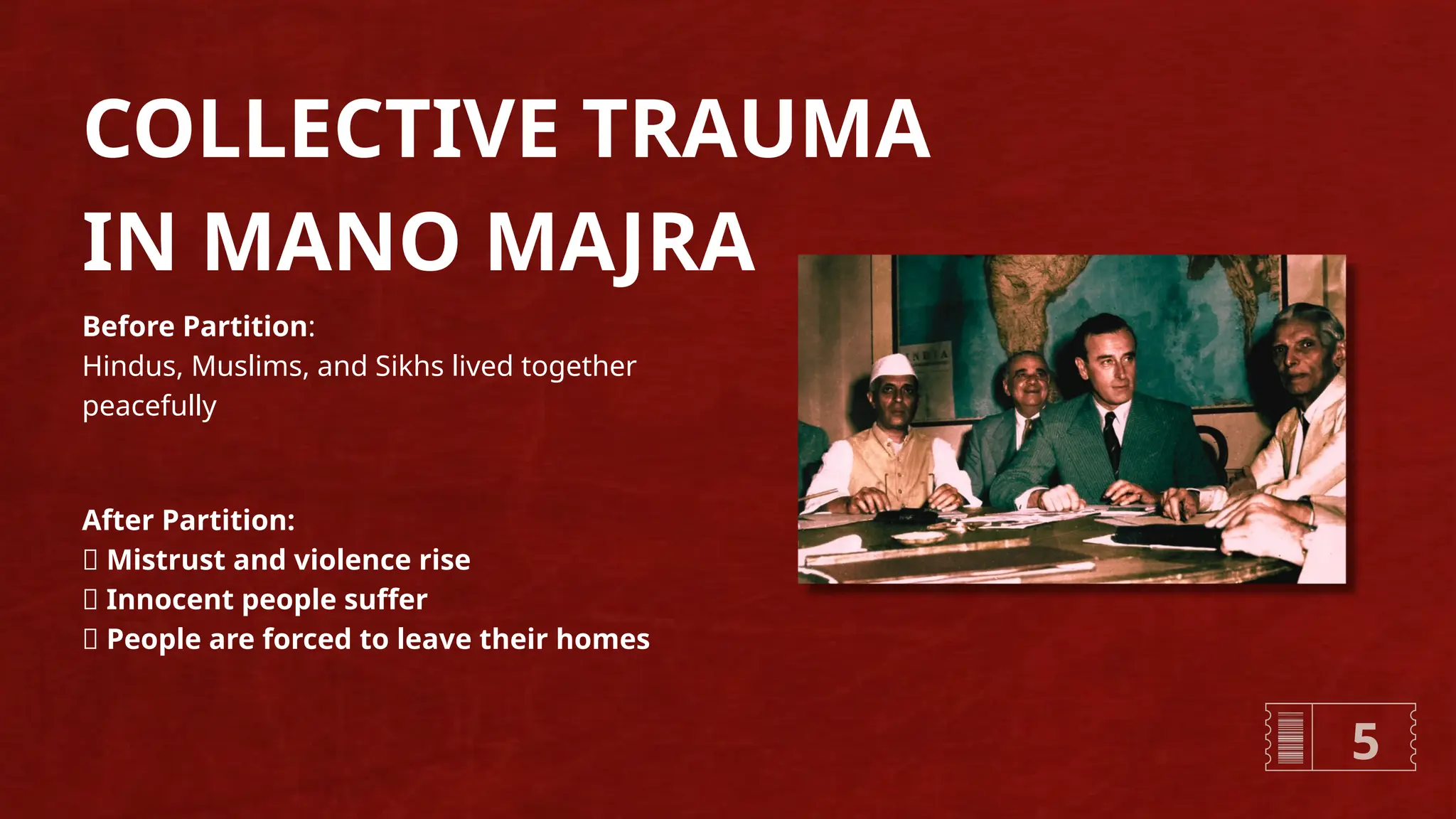 COLLECTIVE TRAUMA
IN MANO MAJRA
Before Partition:
Hindus, Muslims, and Sikhs lived together
peacefully
After Partition:
❌ Mistrust and violence rise
❌ Innocent people suffer
❌ People are forced to leave their homes
5
 