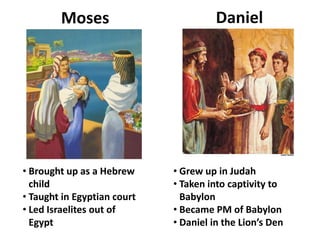 • Brought up as a Hebrew
child
• Taught in Egyptian court
• Led Israelites out of
Egypt
• Grew up in Judah
• Taken into captivity to
Babylon
• Became PM of Babylon
• Daniel in the Lion’s Den
Moses Daniel
 