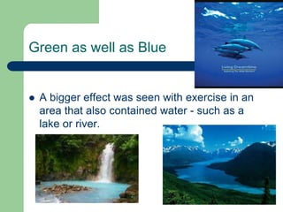 Green as well as Blue


   A bigger effect was seen with exercise in an
    area that also contained water - such as a
    lake or river.
 