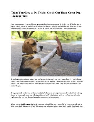 Train Your Dog to Do Tricks, Check Out These Great Dog
Training Tips!
Havinga dog can enrichyour life tremendously,butitcan alsocome withits share of difficulty.Many
ownerssimplydonotknowhowto effectivelyhandlecanine behavioral problems,andcansometimes
make the dog's behaviorworse.If thisisyoursituation,youcan thenrelax - we're here to help!
If you have gottena dog or puppyandyou have crate trainedthemyoushouldalwaystrynotto keep
theminthere for more than fouror five hoursat a time unlessit'sovernightorit'sjusta once-in-awhile
thing.If you have tohave themin the crate for longerperiodsof time,adogprobablywasn'tthe best
optionforyou.
Everydog needsacalm and confidentleadertofeel secure.Anydogownercanshow that he is a strong
leaderbyencouragingandrewardinggoodbehavior.Provingtoyourpetthat you're a strong leader
makestrainingeasierandestablishesabondbetweenpetandowner.
Whenyouare training your dog to do tricks and establishingyourleadershiprole,donotbe adverse to
lettingthe doglickyouon the face.Thisis commonbehaviorindogswhendealingwiththe Alphainthe
 