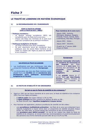 Fiche 7

LE TRAITÉ DE LISBONNE EN MATIÈRE ÉCONOMIQUE

1)       LA RECONNAISSANCE DE L’EUROGROUPE


               AVANT LE TRAITÉ DE LISBONNE
             (AVEC LE TRAITÉ DE NICE – 2001)                     Pays membres de la zone euro :

 Politique monétaire :                                           - depuis 1999 : Autriche,
 -   La Banque centrale européenne (BCE) est                      Allemagne, Belgique, Espagne,
     compétente pour les États de la zone euro.                   Finlande, France, Irlande, Italie,
 -   Chacun des États non membres de la zone euro                 Luxembourg, Pays-Bas, Portugal ;
     reste seul compétent de sa politique monétaire.             - depuis 2001 : Grèce ;
 Politiques budgétaire et fiscale :                              - depuis 2007 : Slovénie ;
 -   Les États membres sont seuls compétents.
                                                                 - À partir du 1er janvier 2008 :
 -   Ils sont néanmoins tenus de coordonner leurs
                                                                  Chypre et Malte.
     politiques avec les autres États membres et de
     veiller au respect des règles du pacte de stabilité
     et de croissance.


                                                                            Eurogroupe

                                                                  Réunion mensuelle informelle
            LES APPORTS DU TRAITÉ DE LISBONNE                     des ministres de l’économie et
                                                                  des    finances     des    États
     Les modifications sont peu nombreuses mais elles             membres de la zone euro. Ces
     consacrent l’existence officielle de l’Eurogroupe.           réunions leur permettent de se
                                                                  concerter,    notamment      en
      La structuration des liens des États membres ayant          matière       de      politique
     adopté l’euro est clarifiée afin de coordonner plus          budgétaire.
     étroitement     leurs     politiques   économiques
                                                                  Il est présidé depuis le 1er
     budgétaires et fiscales.
                                                                  janvier 2005 par Jean-Claude
                                                                  Juncker, Premier ministre et
                                                                  ministre   des  Finances  du
                                                                  Luxembourg.

2)       LE PACTE DE STABILITÉ ET DE CROISSANCE


                    Qu'est-ce que le Pacte de stabilité et de croissance ?

     Signé en 1997 par les futurs membres de la zone euro, le Pacte de stabilité et de croissance
     (PSC) fixe trois règles principales :
     −   le déficit public doit rester inférieur à 3% du PIB ;
     −   la dette publique doit être contenue en dessous de 60% du PIB ;
     −   les États doivent viser l'équilibre budgétaire à moyen terme.

     Pour favoriser son application, plusieurs procédures de contrôle ont été créées :
     −   une surveillance multilatérale préventive : les États de la zone euro présentent leurs
         objectifs budgétaires à moyen terme dans un programme de stabilité actualisé chaque
         année. Sur cette base, le Conseil adopte des conclusions et des recommandations.
     −   une procédure pour déficit excessif : en cas de non respect des règles du Pacte de
         stabilité et de croissance, le Conseil émet des recommandations et prend éventuellement
         des sanctions sous forme d'amende pouvant aller de 0,2 à 0,5% du PIB.



                            © Fondation Robert Schuman, Décembre 2007                               17
                                        www.robert-schuman.eu
 
