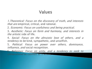 1.Theoretical: Focus on the discovery of truth, and interests
that are empirical, critical, and rational.
2. Economic: Focus on usefulness and being practical.
3. Aesthetic: Focus on form and harmony, and interests in
the artistic side of life.
4. Social: Focus on the altruistic love of others, and a
tendency to be kind, sympathetic, and unselfish.
5. Political: Focus on power over others, dominance,
influence, and social recognition.
6. Religious: Focus on unity, and a tendency to seek to
comprehend he cosmos as a whole.
 