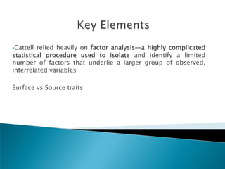 Cattell relied heavily on factor analysis—a highly complicated
statistical procedure used to isolate and identify a limited
number of factors that underlie a larger group of observed,
interrelated variables

Surface vs Source traits
 
