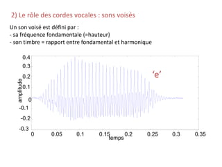 Un son voisé est défini par :
- sa fréquence fondamentale (=hauteur)
- son timbre = rapport entre fondamental et harmonique
2) Le rôle des cordes vocales : sons voisés
0 0.05 0.1 0.15 0.2 0.25 0.3 0.35
-0.3
-0.2
-0.1
0
0.1
0.2
0.3
0.4
temps
amplitude
‘e’
 