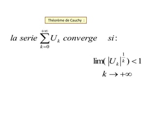 Théorème de Cauchy :






k
U
si
converge
U
serie
la
k
k
k
k
1
)
lim(
:
1
0
 