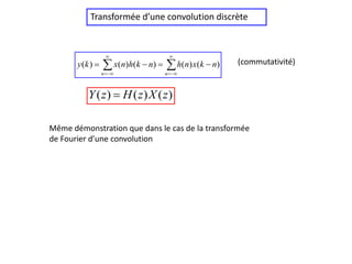 Transformée d’une convolution discrète












n
n
n
k
x
n
h
n
k
h
n
x
k
y )
(
)
(
)
(
)
(
)
(
Même démonstration que dans le cas de la transformée
de Fourier d’une convolution
(commutativité)
)
(
)
(
)
( z
X
z
H
z
Y 
 