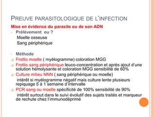 PREUVE PARASITOLOGIQUE DE L’INFECTION
Mise en évidence du parasite ou de son ADN
• Prélèvement ou ?
Moelle osseuse
Sang périphérique
• Méthode
 Frottis moelle ( myélogramme) coloration MGG
 Frottis sang périphérique leuco-concentration et après ajout d’une
solution hémolysante et coloration MGG sensibilité de 60%
 Culture milieu NNN ( sang périphérique ou moelle)
intérêt si myélogramme négatif mais culture lente plusieurs
repiquage 5 à 1 semaine d’intervalle
 PCR sang ou moelle spécificité de 100% sensibilité de 90%
intérêt surtout dans le suivi évolutif des sujets traités et marqueur
de rechute chez l’immunodéprimé
 