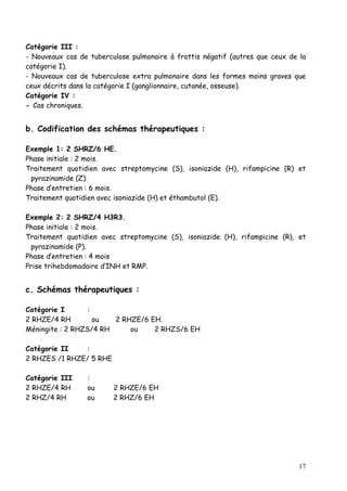 Catégorie III :
- Nouveaux cas de tuberculose pulmonaire à frottis négatif (autres que ceux de la
catégorie I).
- Nouveaux cas de tuberculose extra pulmonaire dans les formes moins graves que
ceux décrits dans la catégorie I (ganglionnaire, cutanée, osseuse).
Catégorie IV :
- Cas chroniques.


b. Codification des schémas thérapeutiques :

Exemple 1: 2 SHRZ/6 HE.
Phase initiale : 2 mois.
Traitement quotidien avec streptomycine (S), isoniazide (H), rifampicine (R) et
 pyrazinamide (Z).
Phase d’entretien : 6 mois.
Traitement quotidien avec isoniazide (H) et éthambutol (E).

Exemple 2: 2 SHRZ/4 H3R3.
Phase initiale : 2 mois.
Traitement quotidien avec streptomycine (S), isoniazide (H), rifampicine (R), et
 pyrazinamide (P).
Phase d’entretien : 4 mois
Prise trihebdomadaire d’INH et RMP.


c. Schémas thérapeutiques :

Catégorie I       :
2 RHZE/4 RH         ou  2 RHZE/6 EH.
Méningite : 2 RHZS/4 RH     ou    2 RHZS/6 EH

Catégorie II    :
2 RHZES /1 RHZE/ 5 RHE

Catégorie III    :
2 RHZE/4 RH      ou      2 RHZE/6 EH
2 RHZ/4 RH       ou      2 RHZ/6 EH




                                                                               17
 