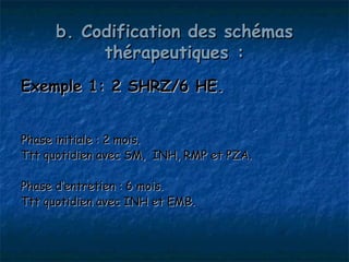 b. Codification des schémas
           thérapeutiques :
Exemple 1: 2 SHRZ/6 HE.


Phase initiale : 2 mois.
Ttt quotidien avec SM, INH, RMP et PZA.

Phase d’entretien : 6 mois.
Ttt quotidien avec INH et EMB.
 