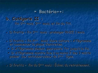 ► Bactério++:
b. Catégorie II :
     fin 3ème mois, 5ème mois, et fin du Ttt.

● Si frottis + fin 3ème mois : prolonger RHZE 1 mois.

● Si frottis + fin 4ème mois :faire culture + ATBgramme
  et commencer la phase d’entretien.
 ► Si ATBgramme absent, poursuivre Ttt jusqu’à la fin.
 ► Si ATBgramme montre Rce à au moins 2 des 3 mdcts
  passer aux antituberculeux de 2ème ligne.

● Si frottis + fin du 5ème mois : Échec du retraitement.
 