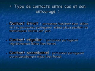► Type de contacts entre cas et son
               entourage :

●   Contact étroit : personnes habitant sous     même
    toit ou personnes partageant même pièce pendant de
    nombreuses heures par jour.

●   Contact régulier : personnes partageant
    régulièrement même lieu fermé.

●   Contact occasionnel : personnes partageant
    occasionnellement même lieu fermé.
 