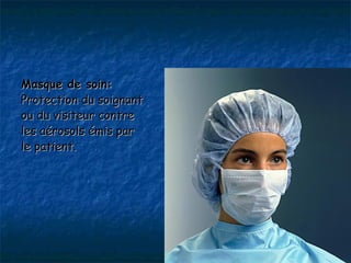 Masque de soin:
Protection du soignant
ou du visiteur contre
les aérosols émis par
le patient.
 