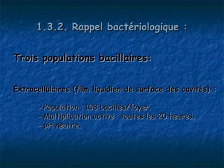 1.3.2. Rappel bactériologique :


Trois populations bacillaires:


Extracellulaires (film liquidien de surface des cavités) :

       - Population : 108 bacilles/foyer.
       - Multiplication active : toutes les 20 heures.
       - pH neutre.
 