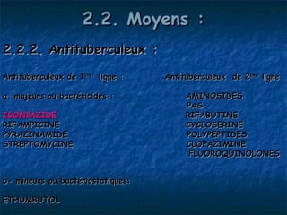 2.2. Moyens :
2.2.2. Antituberculeux :

Antituberculeux de 1ère ligne :    Antituberculeux de 2ème ligne

a. majeurs ou bactéricides :            AMINOSIDES 
                                        PAS
ISONIAZIDE                              RIFABUTINE
RIFAMPICINE                             CYCLOSERINE
PYRAZINAMIDE                            POLYPEPTIDES
STREPTOMYCINE                           CLOFAZIMINE
                                         FLUOROQUINOLONES


b- mineurs ou bactériostatiques:

ETHUMBUTOL
 