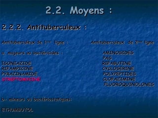 2.2. Moyens :
2.2.2. Antituberculeux :

Antituberculeux de 1ère ligne :    Antituberculeux de 2ème ligne

a. majeurs ou bactéricides :            AMINOSIDES 
                                        PAS
ISONIAZIDE                              RIFABUTINE
RIFAMPICINE                             CYCLOSERINE
PYRAZINAMIDE                            POLYPEPTIDES
STREPTOMYCINE                           CLOFAZIMINE
                                         FLUOROQUINOLONES


b- mineurs ou bactériostatiques:

ETHUMBUTOL
 