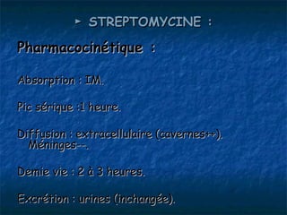 ► STREPTOMYCINE :

Pharmacocinétique :

Absorption : IM.

Pic sérique :1 heure.

Diffusion : extracellulaire (cavernes++).
  Méninges--.

Demie vie : 2 à 3 heures.

Excrétion : urines (inchangée).
 
