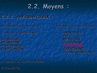 2.2. Moyens :
2.2.2. Antituberculeux :

Antituberculeux de 1ère ligne :    Antituberculeux de 2ème ligne

a. majeurs ou bactéricides :            AMINOSIDES 
                                        PAS
ISONIAZIDE                              RIFABUTINE
RIFAMPICINE                             CYCLOSERINE
PYRAZINAMIDE                            POLYPEPTIDES
STREPTOMYCINE                           CLOFAZIMINE
                                         FLUOROQUINOLONES


b- mineurs ou bactériostatiques:

ETHUMBUTOL
 