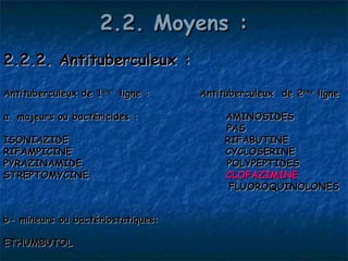 2.2. Moyens :
2.2.2. Antituberculeux :

Antituberculeux de 1ère ligne :    Antituberculeux de 2ème ligne

a. majeurs ou bactéricides :            AMINOSIDES 
                                        PAS
ISONIAZIDE                              RIFABUTINE
RIFAMPICINE                             CYCLOSERINE
PYRAZINAMIDE                            POLYPEPTIDES
STREPTOMYCINE                           CLOFAZIMINE
                                         FLUOROQUINOLONES


b- mineurs ou bactériostatiques:

ETHUMBUTOL
 