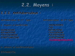 2.2. Moyens :
2.2.2. Antituberculeux :

Antituberculeux de 1ère ligne :    Antituberculeux de 2ème ligne

a. majeurs ou bactéricides :            AMINOSIDES 
                                        PAS
ISONIAZIDE                              RIFABUTINE
RIFAMPICINE                             CYCLOSERINE
PYRAZINAMIDE                            POLYPEPTIDES
STREPTOMYCINE                           CLOFAZIMINE
                                         FLUOROQUINOLONES


b- mineurs ou bactériostatiques:

ETHUMBUTOL
 