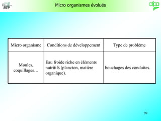 99
Micro organismes évolués
Micro organisme Conditions de développement Type de problème
Moules,
coquillages…
Eau froide r...