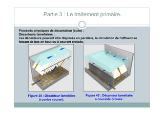 Procédés physiques de décantation (suite) :
Décanteurs lamellaires :
ces décanteurs peuvent être disposés en parallèle, la circulation de l’effluent se
faisant de bas en haut ou à courant croisés.
Partie 3 : Le traitement primaire.
Figure 39 : Décanteur lamellaire
à contre courant.
Figure 40 : Décanteur lamellaire
à courants croisés.
 