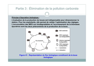 Principe d’épuration biologique :
L’évaluation de la production de boues est indispensable pour dimensionner la
station. Pour les exploitants, elle permet de valider l’optimisation des réglages.
L’accumulation des MES non biodégradables et l’accroissement de la biomasse
épuratrice sont les deux phénomènes de la production de la boue.
Partie 3 : Élimination de la pollution carbonée
Figure 41 : Représentation du floc biologique constituant de la boue
biologique.
 