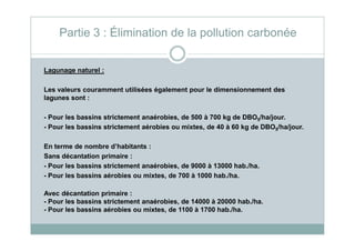 Lagunage naturel :
Les valeurs couramment utilisées également pour le dimensionnement des
lagunes sont :
- Pour les bassins strictement anaérobies, de 500 à 700 kg de DBO5/ha/jour.
- Pour les bassins strictement aérobies ou mixtes, de 40 à 60 kg de DBO /ha/jour.
Partie 3 : Élimination de la pollution carbonée
- Pour les bassins strictement aérobies ou mixtes, de 40 à 60 kg de DBO5/ha/jour.
En terme de nombre d’habitants :
Sans décantation primaire :
- Pour les bassins strictement anaérobies, de 9000 à 13000 hab./ha.
- Pour les bassins aérobies ou mixtes, de 700 à 1000 hab./ha.
Avec décantation primaire :
- Pour les bassins strictement anaérobies, de 14000 à 20000 hab./ha.
- Pour les bassins aérobies ou mixtes, de 1100 à 1700 hab./ha.
 