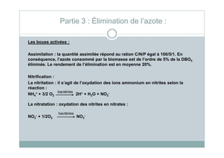 Les boues activées :
Assimilation : la quantité assimilée répond au ration C/N/P égal à 100/5/1. En
conséquence, l’azote consommé par la biomasse est de l’ordre de 5% de la DBO5
éliminée. Le rendement de l’élimination est en moyenne 20%.
Nitrification :
Partie 3 : Élimination de l’azote :
Nitrification :
La nitritation : il s’agit de l’oxydation des ions ammonium en nitrites selon la
réaction :
NH4
+ + 3/2 O2 2H+ + H2O + NO2
-
La nitratation : oxydation des nitrites en nitrates :
NO2
- + 1/2O2 NO3
-
bactéries
bactéries
 