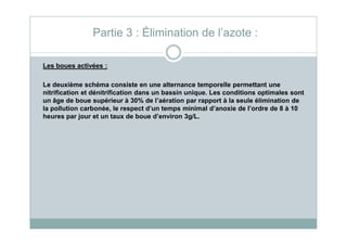 Les boues activées :
Le deuxième schéma consiste en une alternance temporelle permettant une
nitrification et dénitrification dans un bassin unique. Les conditions optimales sont
un âge de boue supérieur à 30% de l’aération par rapport à la seule élimination de
la pollution carbonée, le respect d’un temps minimal d’anoxie de l’ordre de 8 à 10
heures par jour et un taux de boue d’environ 3g/L.
Partie 3 : Élimination de l’azote :
 