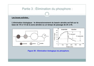 Les boues activées :
L’élimination biologique : le dimensionnement du bassin aérobie est fait sur la
base de 1/5 à 1/3 de la zone aérobie ou un temps de passage de 2h à 4h.
Partie 3 : Élimination du phosphore :
Figure 50 : Elimination biologique du phosphore.
 