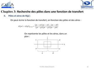 10FILTRES ANALOGIQUES
Chapitre 3: Recherche des pôles dans une fonction de transfert
II. Pôles et zéros de H(p) :
On peut écrire la fonction de transfert, en fonction des pôles et des zéros :
On représente les pôles et les zéros, dans un
plan :
 