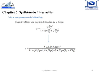 19FILTRES ANALOGIQUES
Chapitre 5: Synthèse de filtres actifs
Structure passe-haut de Sallen-Key :
On désire obtenir une fonction de transfert de la forme:
 